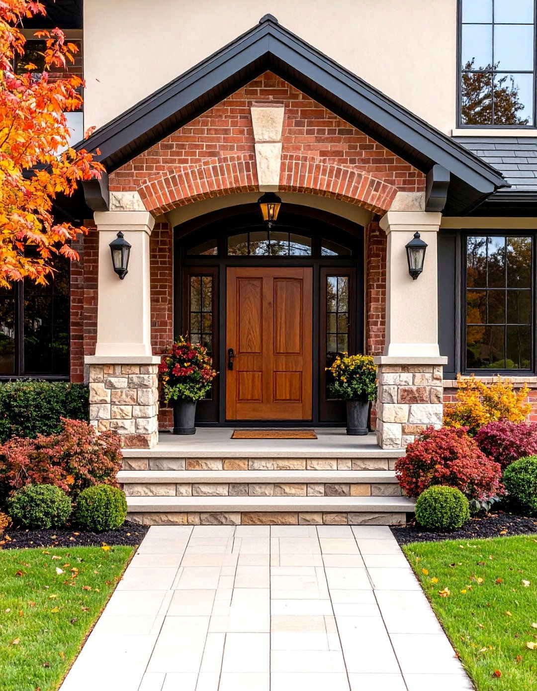 Mixed Material Brick and Stone Porch - 24 Brick Porch Ideas