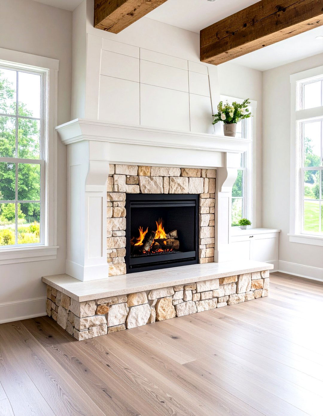 Mixed Material Farmhouse Fireplace Design - 24 Farmhouse Fireplace Tile Ideas