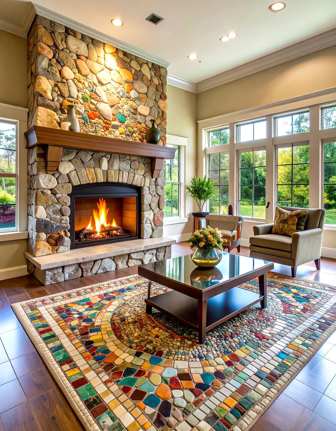 Mixed Material Glass and Stone Mosaic Design - 24 Fireplace Backsplash Ideas