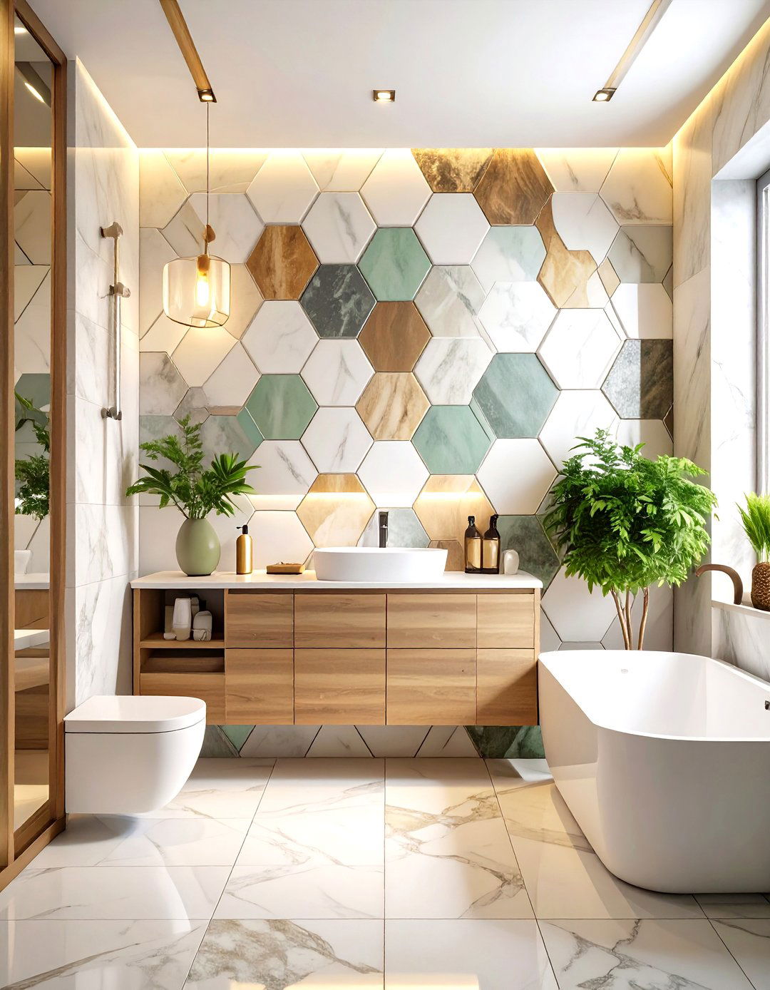 Mixed Material Hexagon Feature Walls - 24 Hexagon Tiles Ideas for Bathrooms
