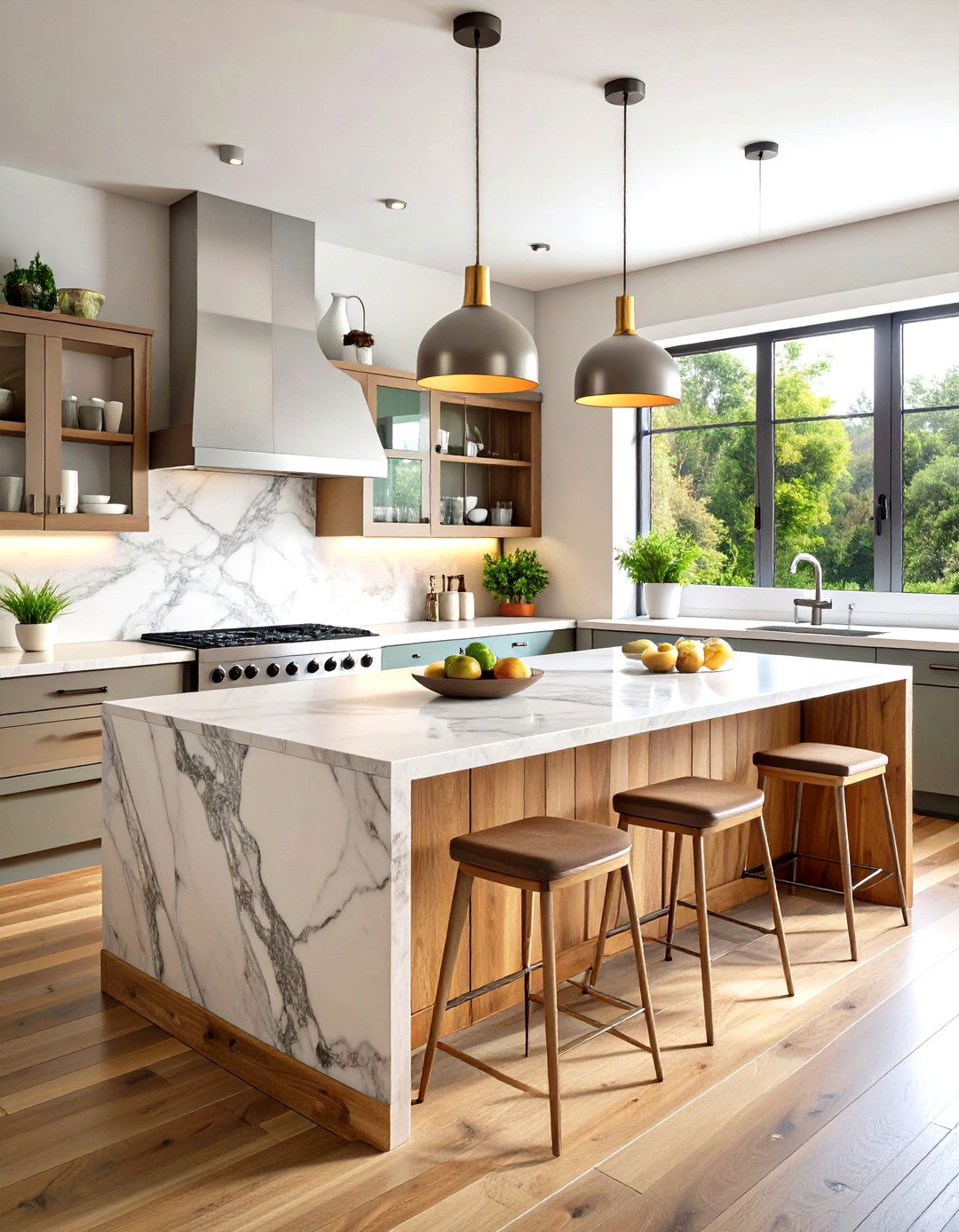 Mixed Material Marble Island - 24 Marble Kitchen Island Ideas