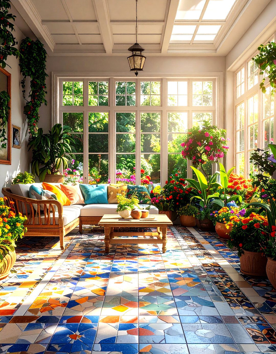 Mixed Material Mosaic Sunroom Tiles - 24 Sunroom Tile Floor Ideas