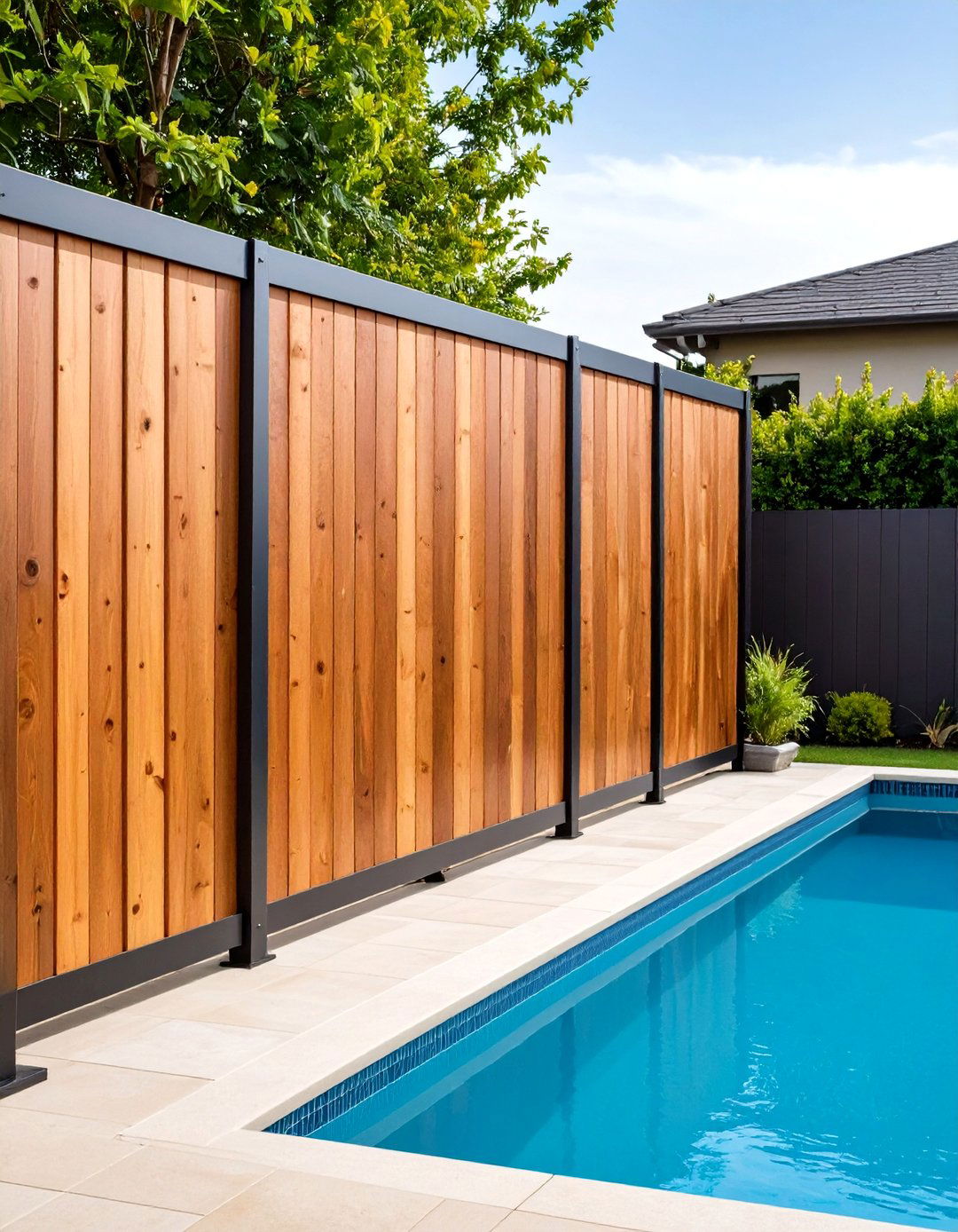 Mixed Material Pool Fence with Wood and Steel Elements