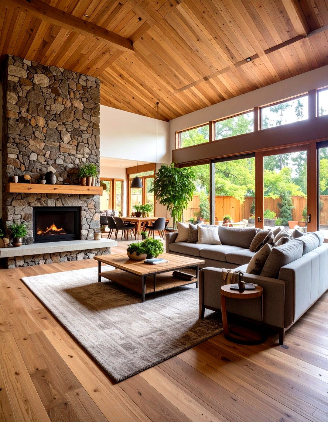 Mixed Material Stone and Wood Design - 24 Floor-to-Ceiling Stone Fireplace Ideas