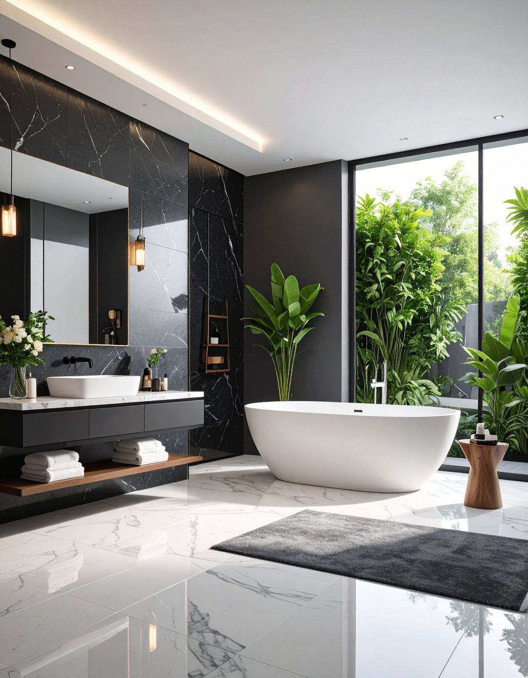 Mixed Material Surface Combinations - 24 Black and White Bathroom Tile Ideas
