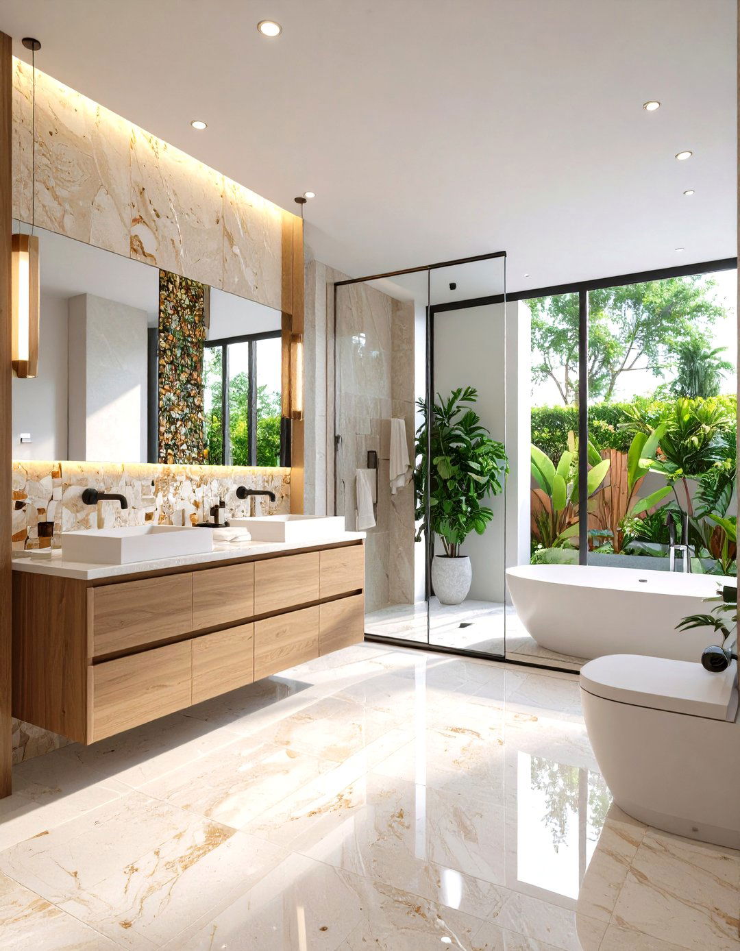 Mixed Material Travertine Glass Integration - 24 Travertine Tile Bathroom Ideas