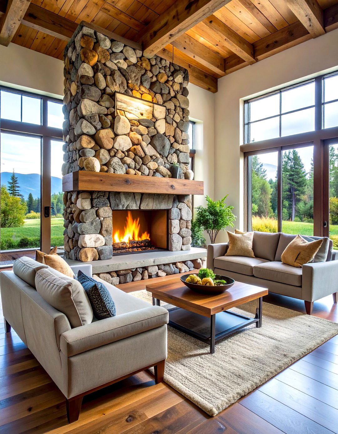 Mixed Media River Rock and Reclaimed Wood - 24 River Rock Fireplace Ideas