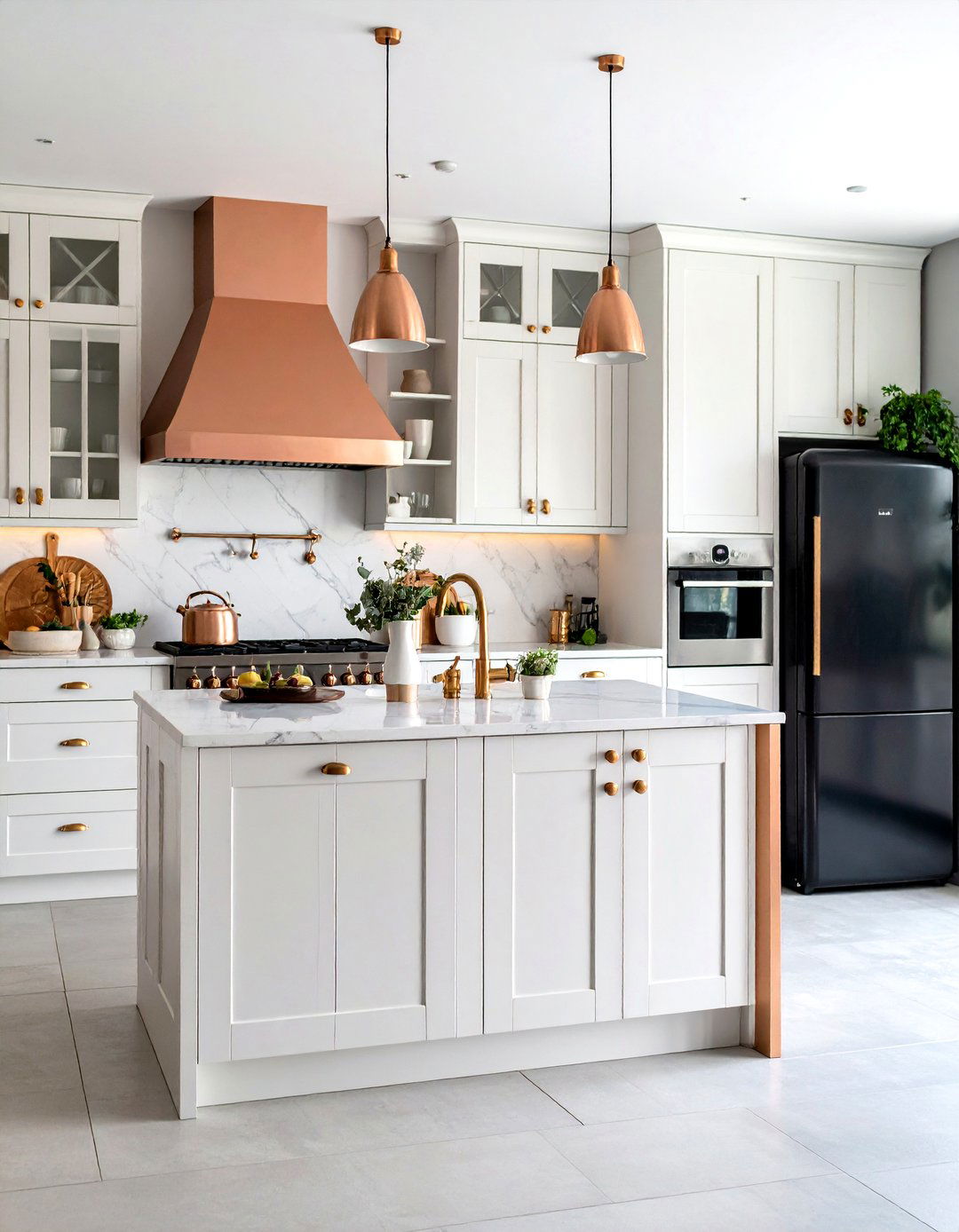 Mixed Metal Accent Features - 24 White Kitchen with Black Appliances Ideas