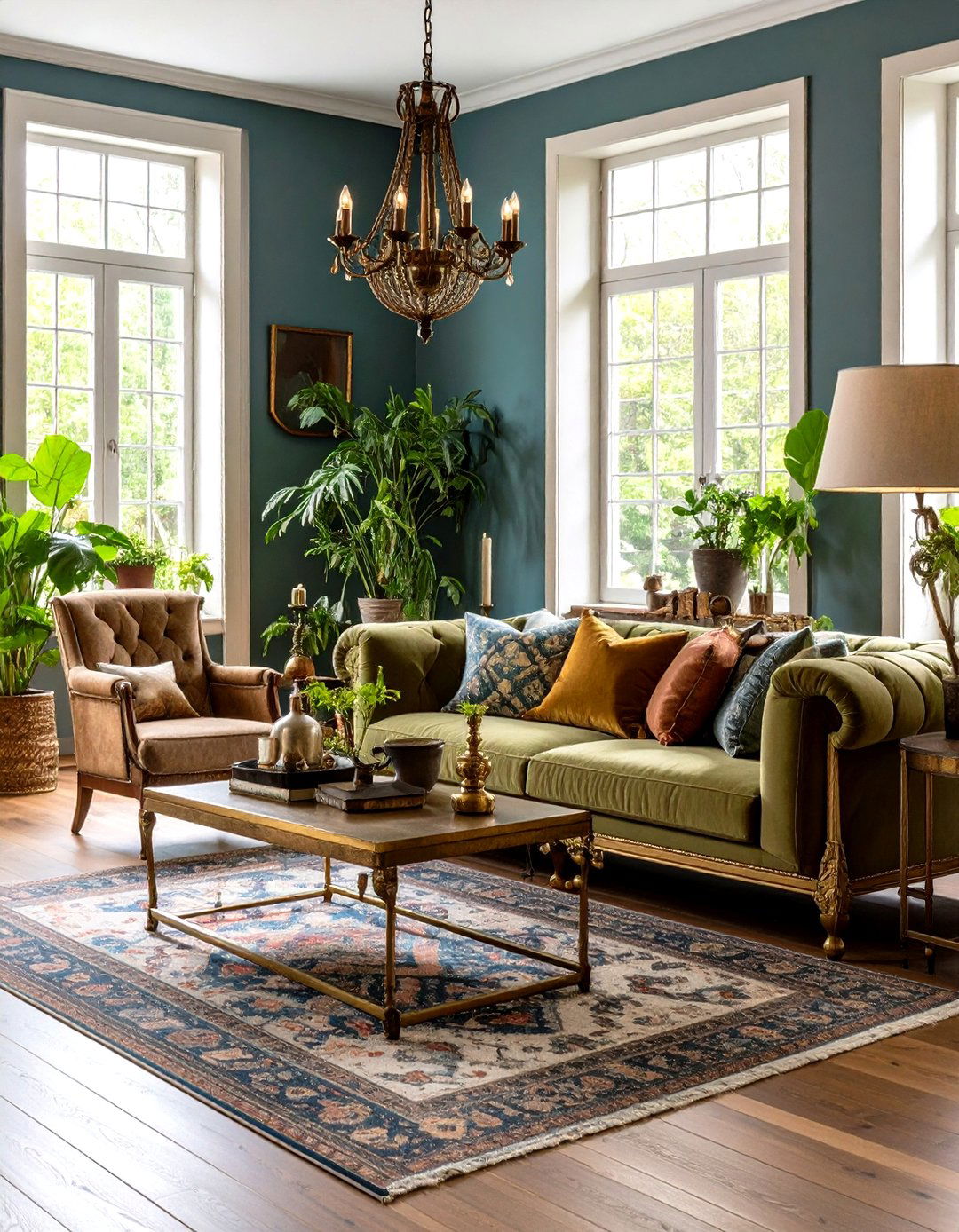 Mixed Metal Accents in Brass and Iron Finishes - 24 Rustic Sage Green Living Room Ideas
