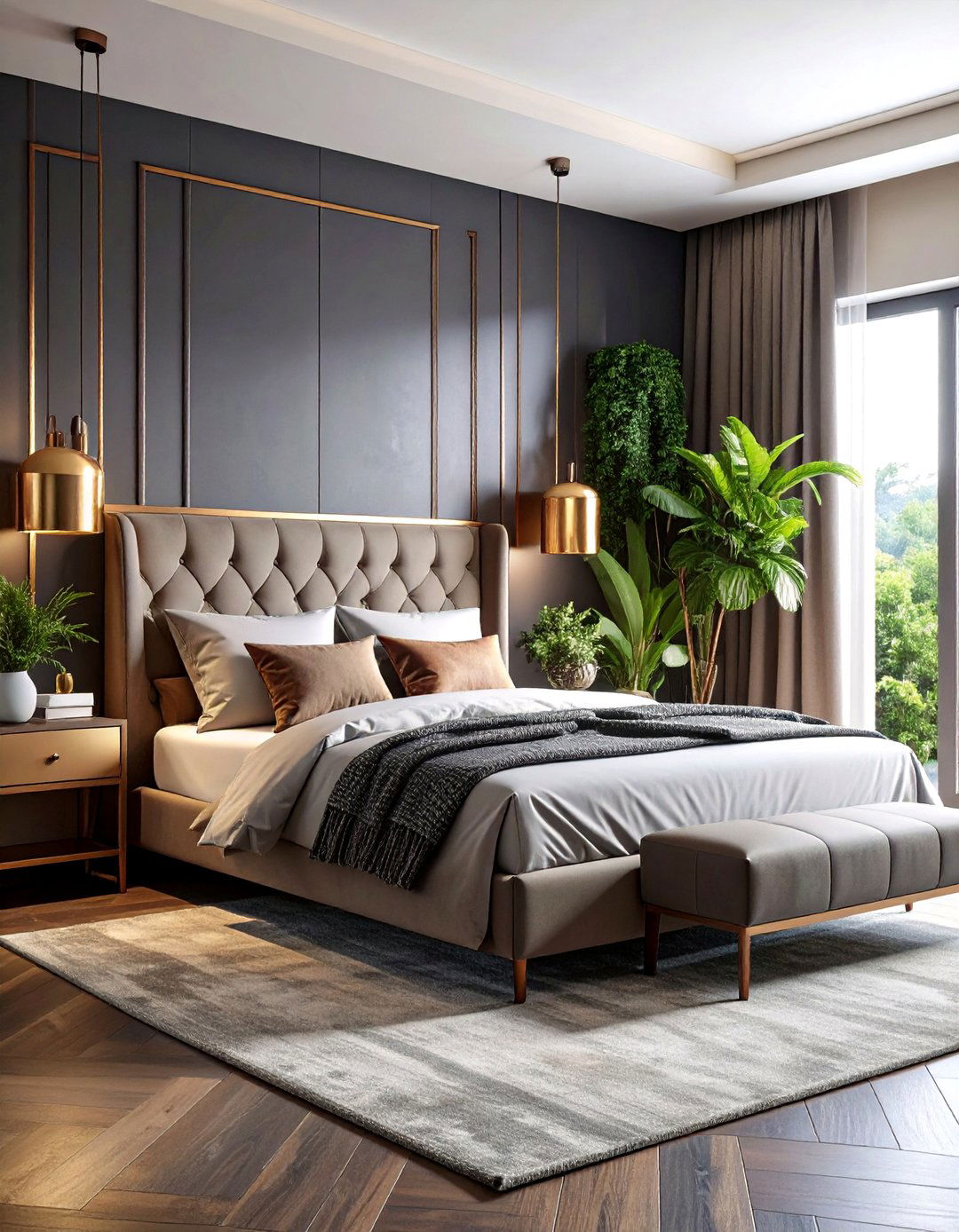 Mixed Metal Accents with Charcoal - 24 Charcoal Bedroom Ideas