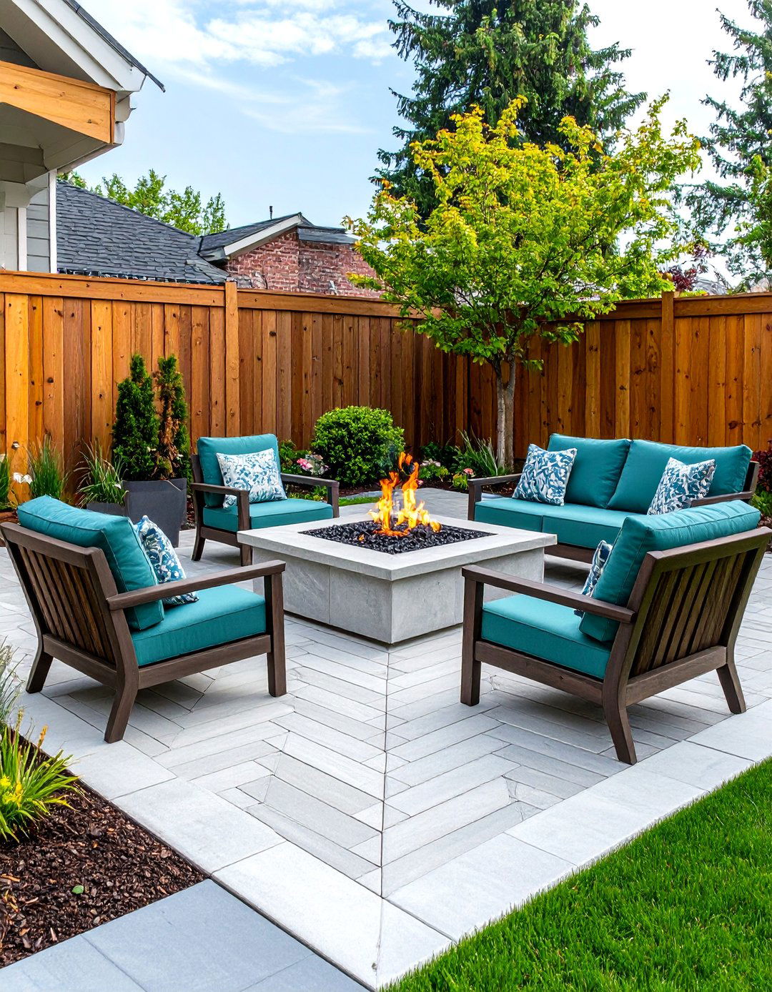 Mixed Pattern Concrete Fire Pit Area - 24 Concrete Paver Patio Fire Pit Ideas