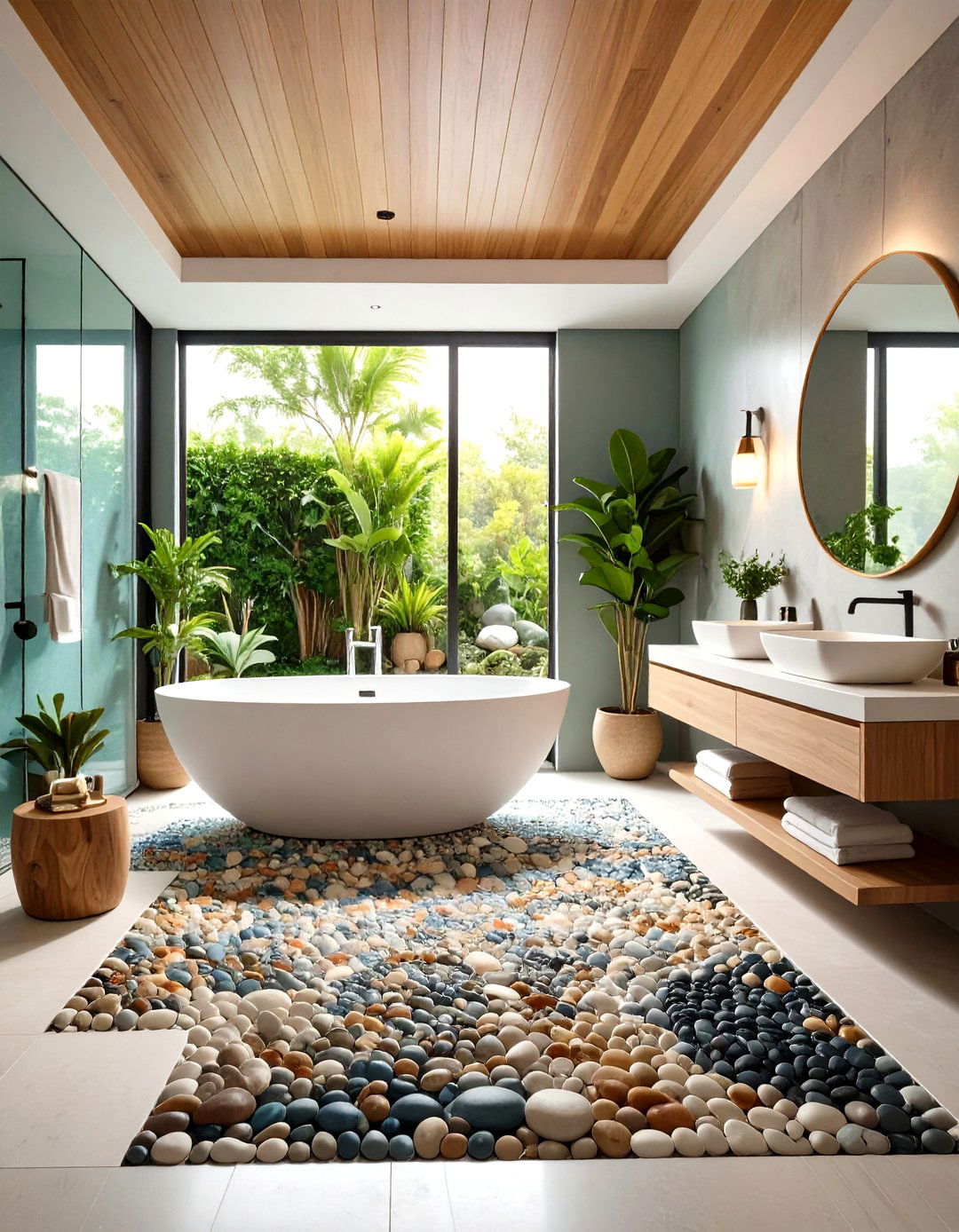Mixed Pattern Pebble Installation - 24 Pebble Tile Bathroom Ideas