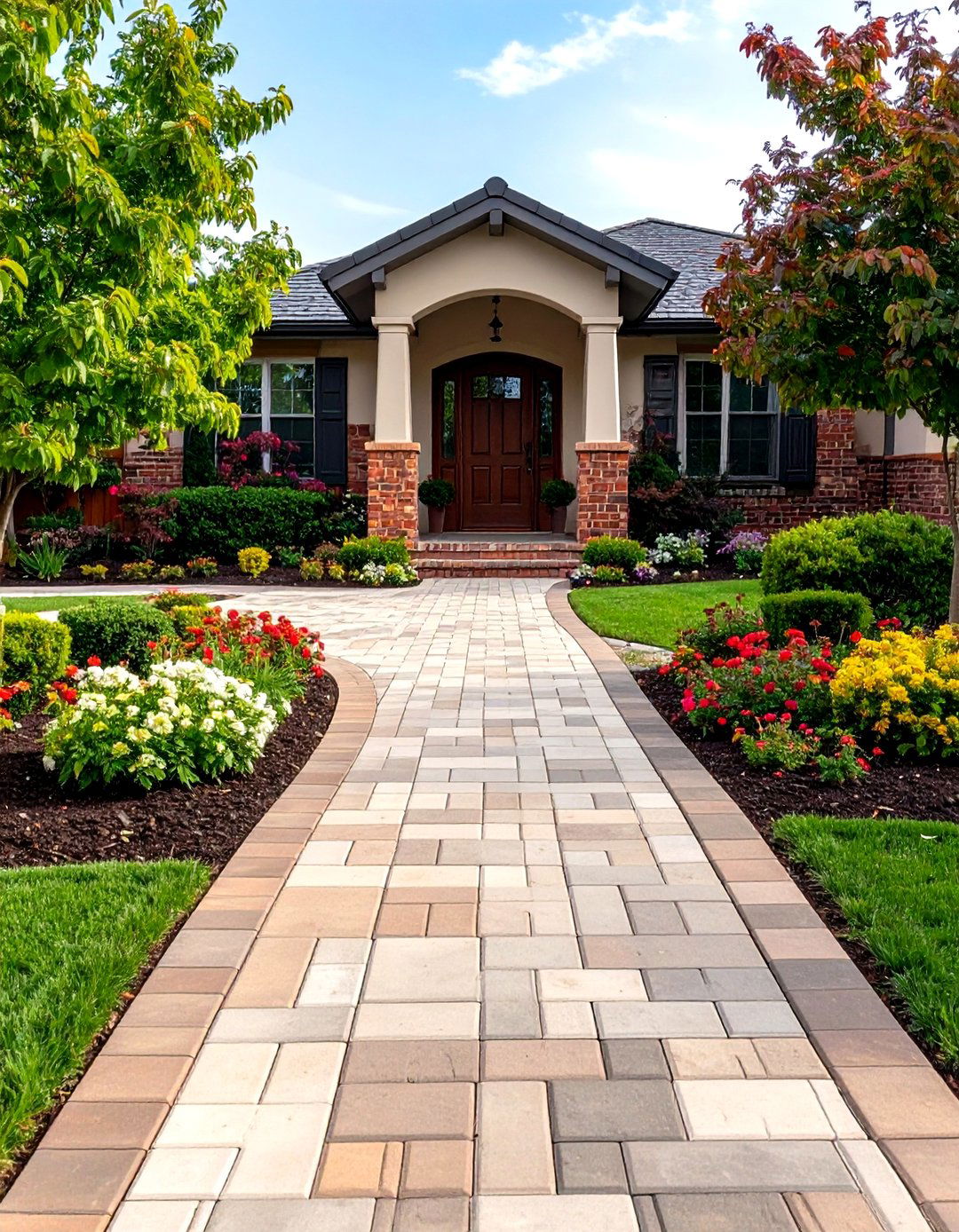 Mixed Paver Border Pattern Design - 24 Front Walkway Ideas