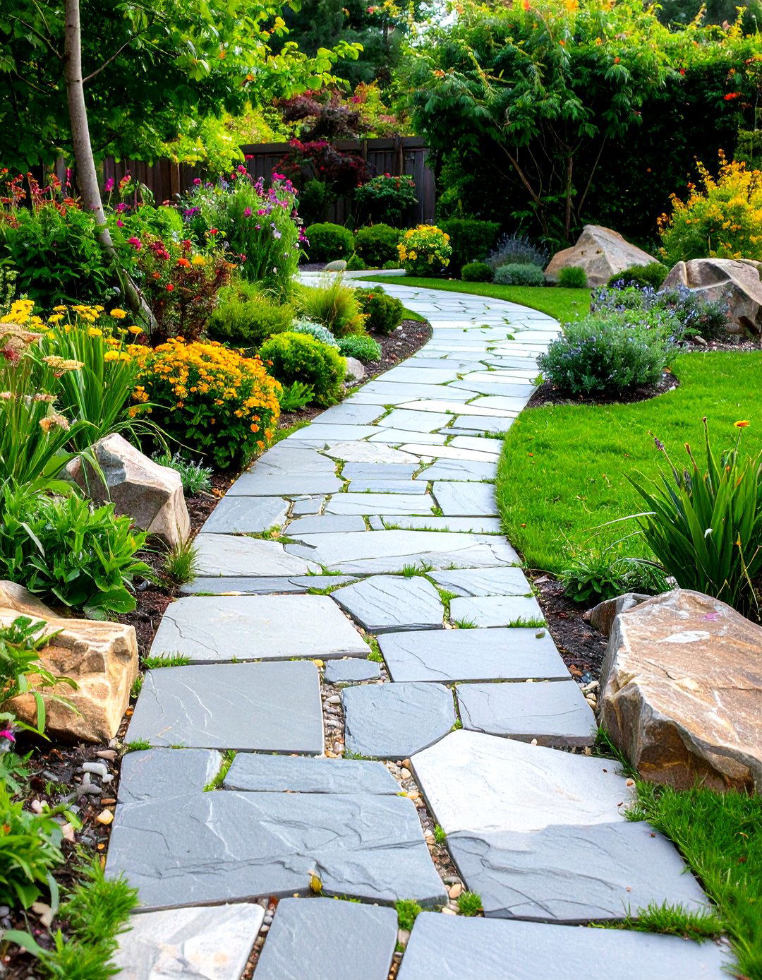 Mixed Size Grey Flagstone Design - 24 Grey Paver Walkway Ideas