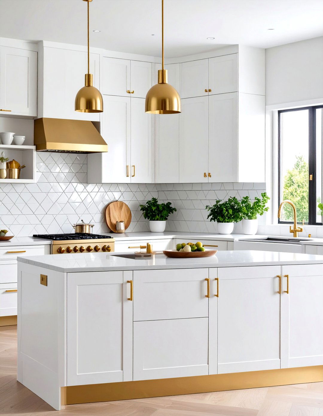 Mixed Size White Tiles with Gold Spacing Elements - 24 White and Gold Kitchen Backsplash Ideas
