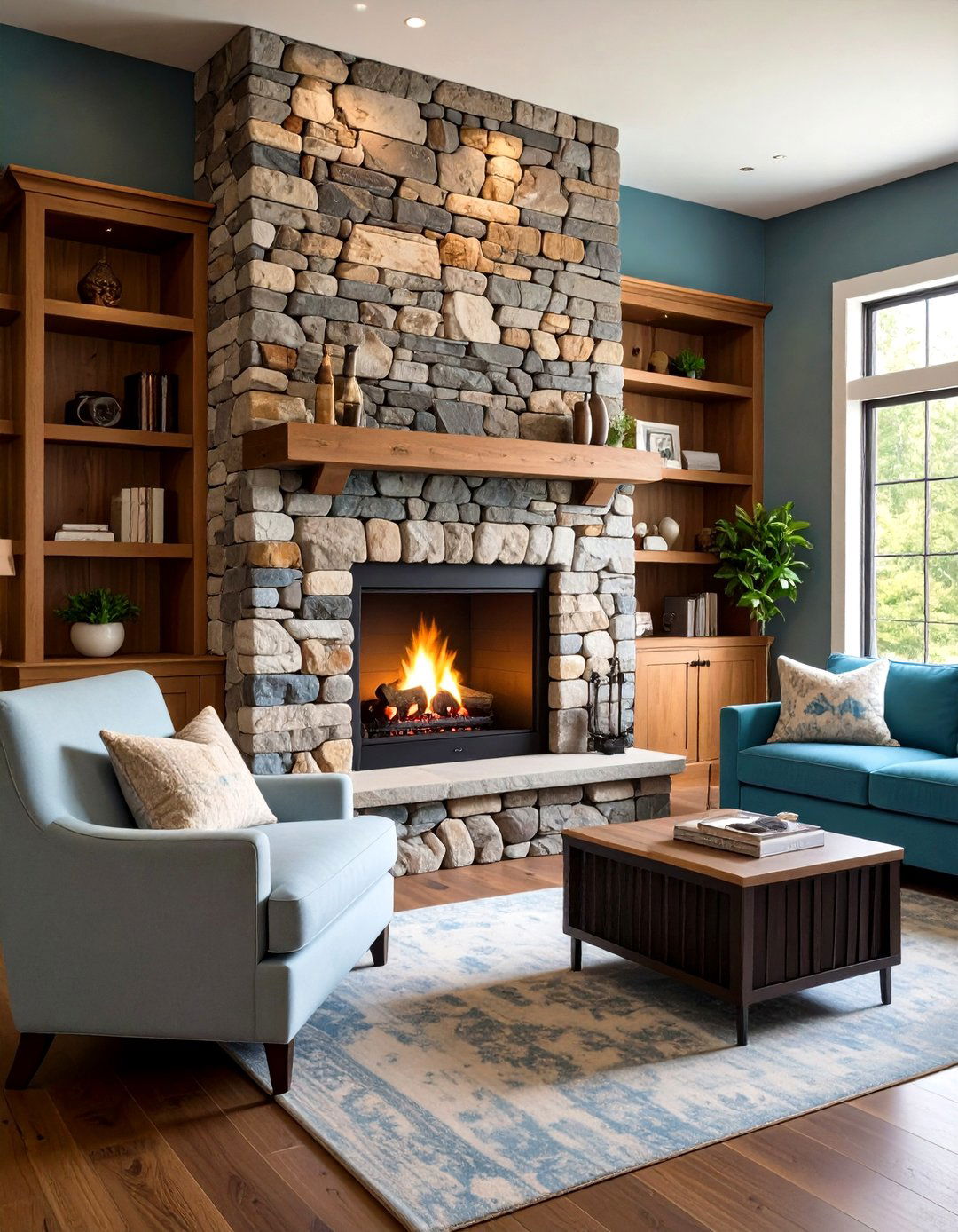 Mixed Stone Stacked Fireplace with Reading Nook - 24 Stacked Stone Fireplace Ideas