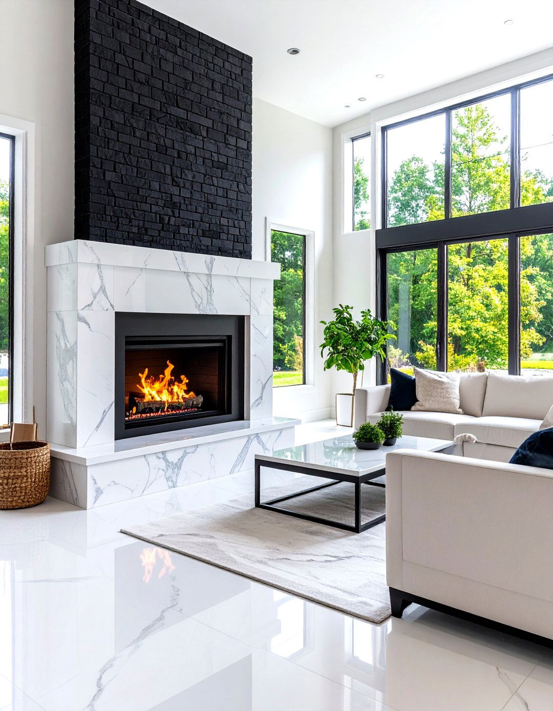Modern Black Brick Fireplace with Marble Hearth - 24 Black Brick Fireplace Ideas