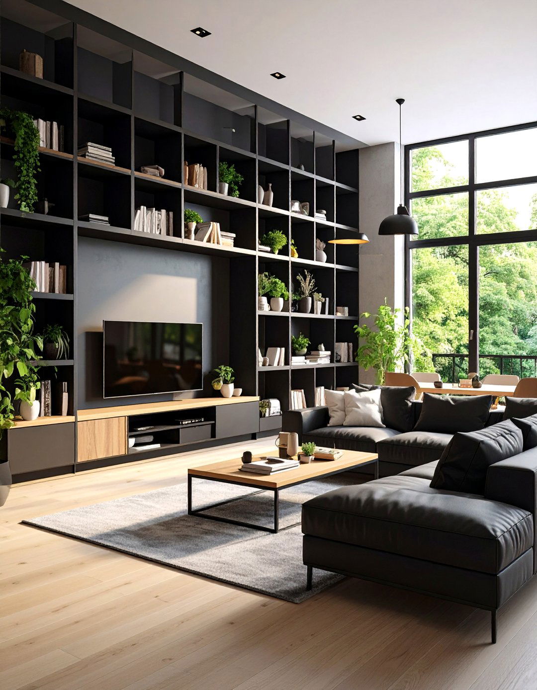 Modern Black Built in Living Room - 24 Black Living Room Ideas