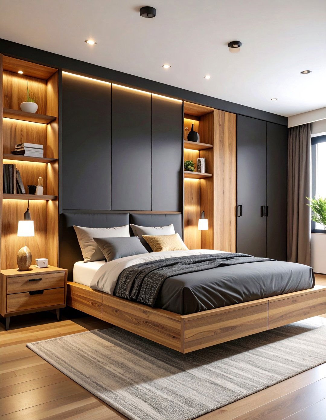 Modern Black Built in Storage with Warm Wood Nightstands - 24 Black and Brown Bedroom Ideas