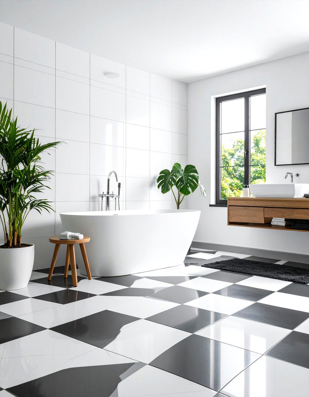 Modern Black Geometric Pattern Floor with White Tile Walls - 24 Black Floor Bathroom With White Walls Ideas