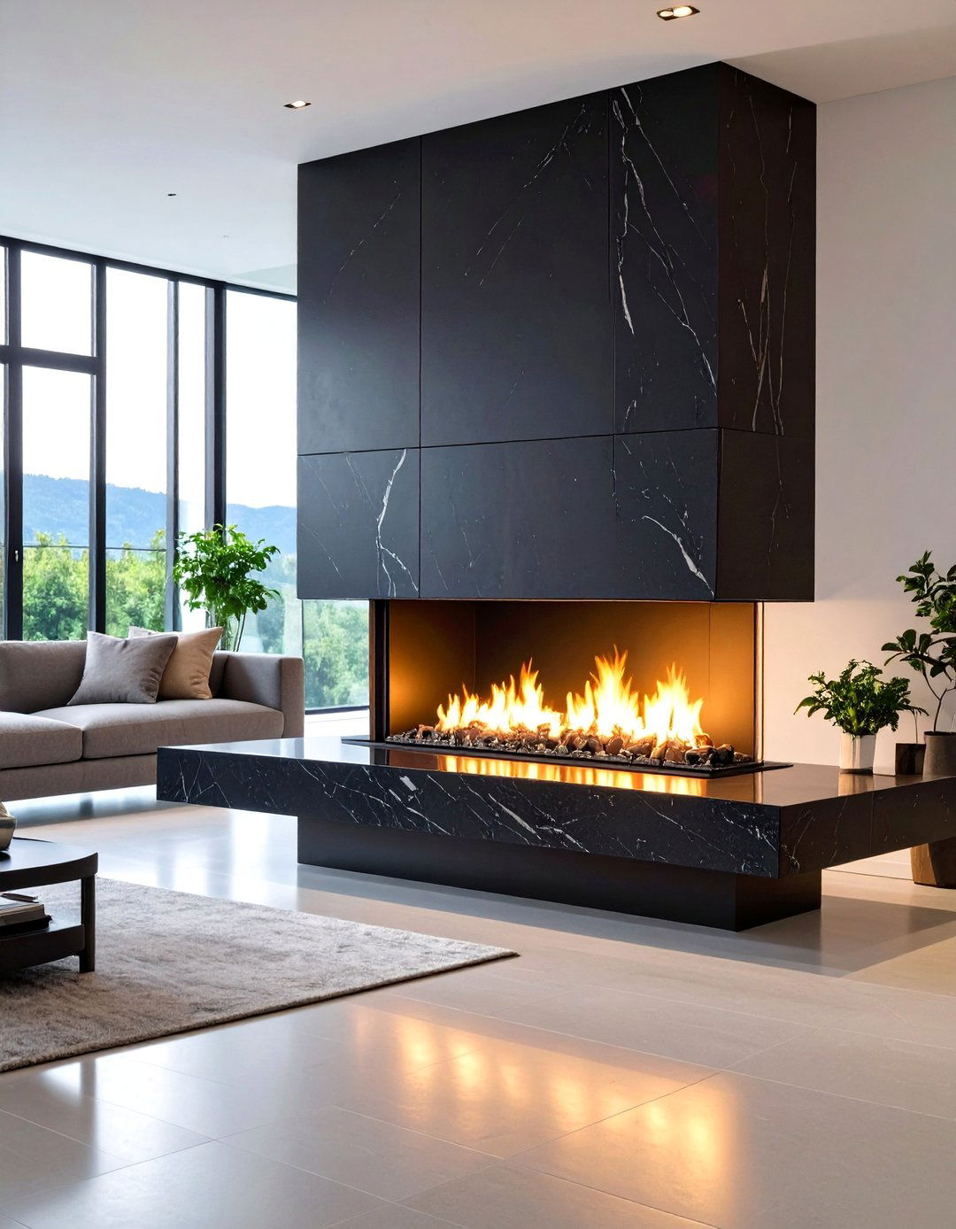 Modern Black Granite Floating Hearth Fireplace - 24 Black Stone Fireplace Ideas