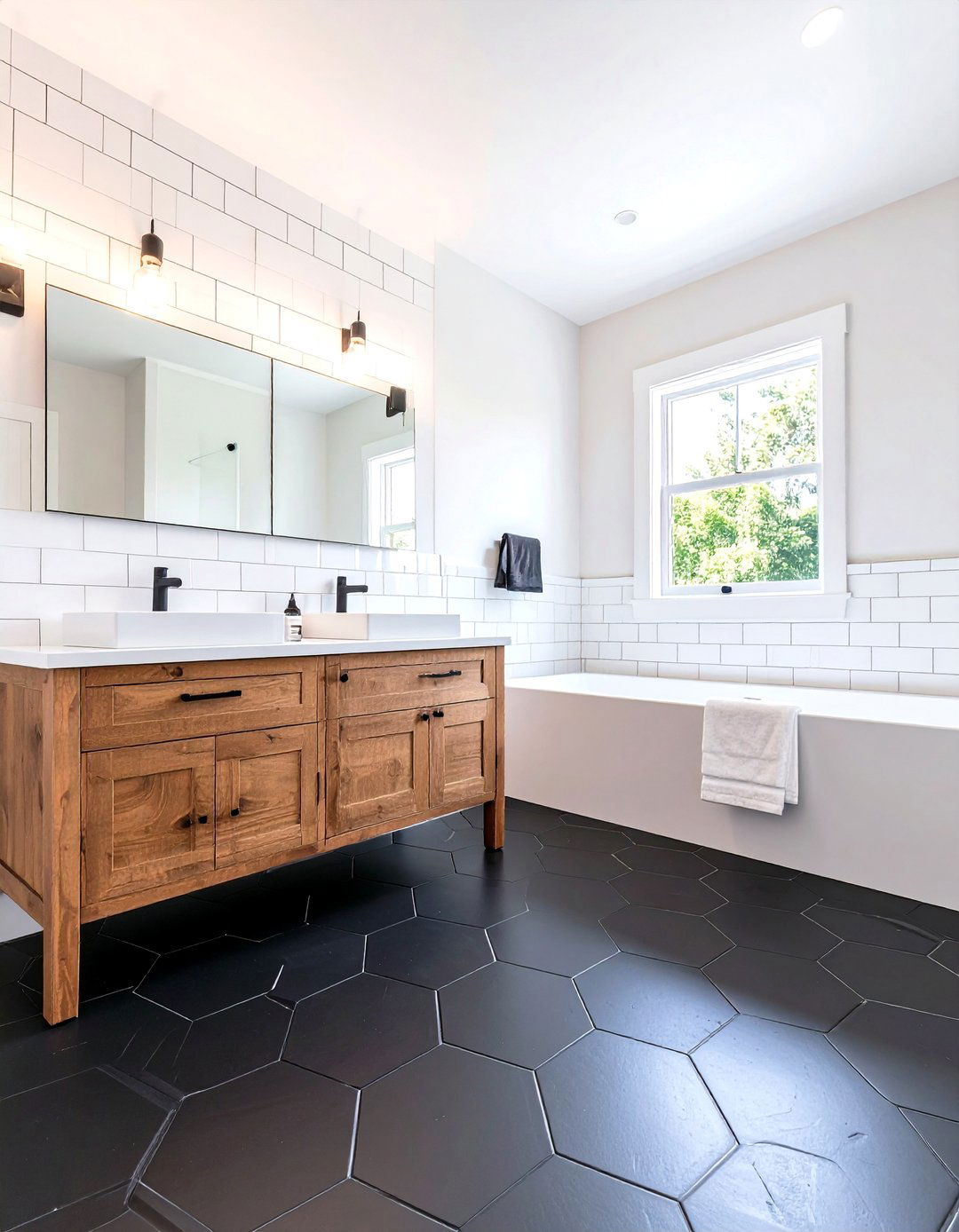 Modern Black Hexagon Floor with Crisp White Subway Walls - 24 Black Floor Bathroom With White Walls Ideas