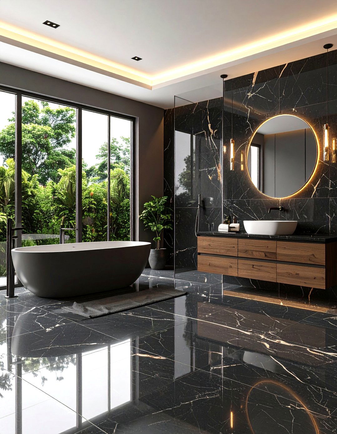 Modern Black Marble Slab Installations - 24 Black Marble Bathrooms