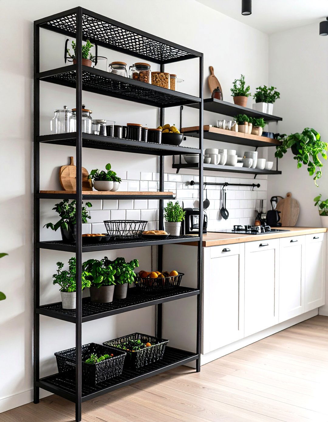 Modern Black Metal Grid Shelving - 24 Open Shelving Kitchen Ideas