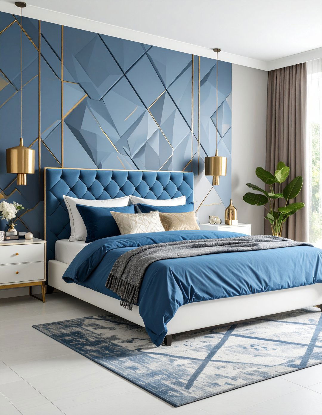 Modern Blue Geometric Pattern Bedroom - 24 Blue and White Bedroom Ideas