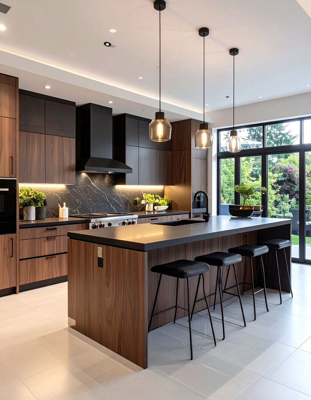 Modern Brown Flat Panel Kitchen Cabinets with Black Quartz Countertops - 24 Brown Kitchen Cabinets With Black Countertops