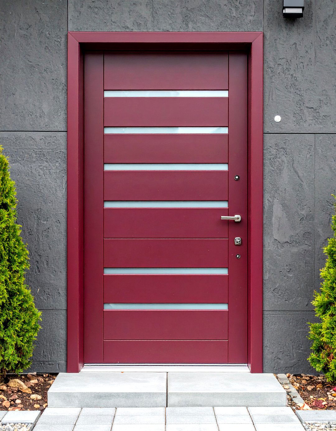 Modern Burgundy Door with Horizontal Glass Strips - 24 Burgundy Front Door Ideas