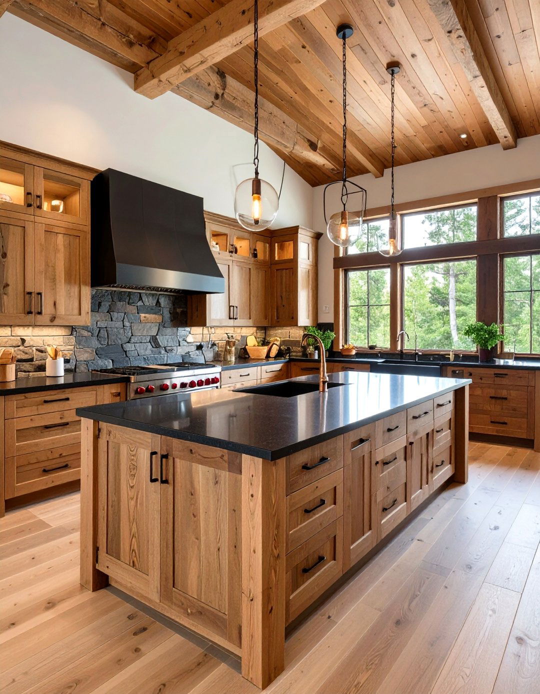 Modern Cabin Kitchen with Black Granite and Reclaimed Wood - 24 Black Granite Countertops Kitchen Ideas