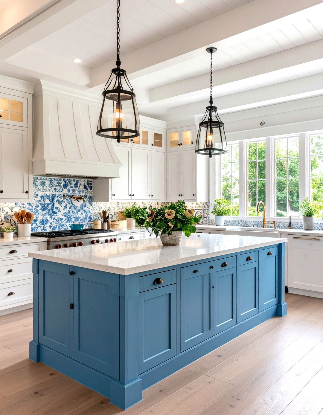 Modern English Country Cornflower Blue Island - 24 White Kitchen Cabinets With Blue Island