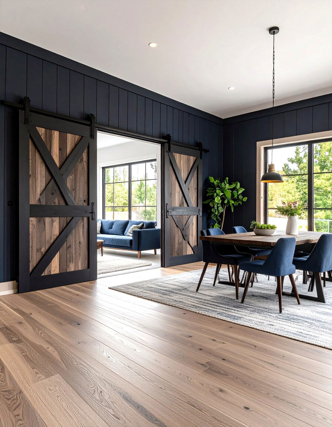 Modern Farmhouse Black Shiplap with Barn Door Details - 24 Black Shiplap Fireplace Ideas