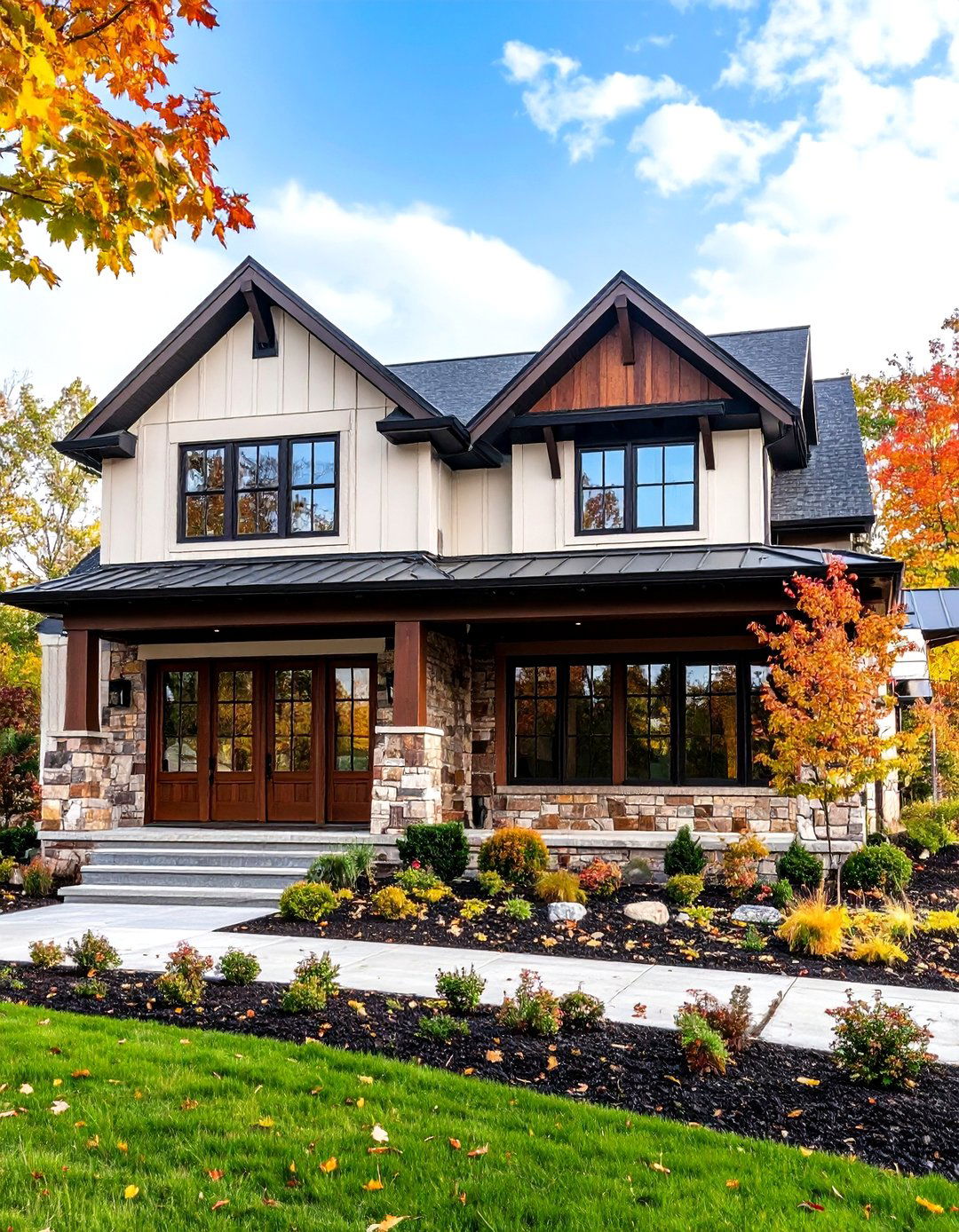 Modern Farmhouse Cream Siding with Brown Stone Accents - 24 Cream and Brown House Exterior Ideas