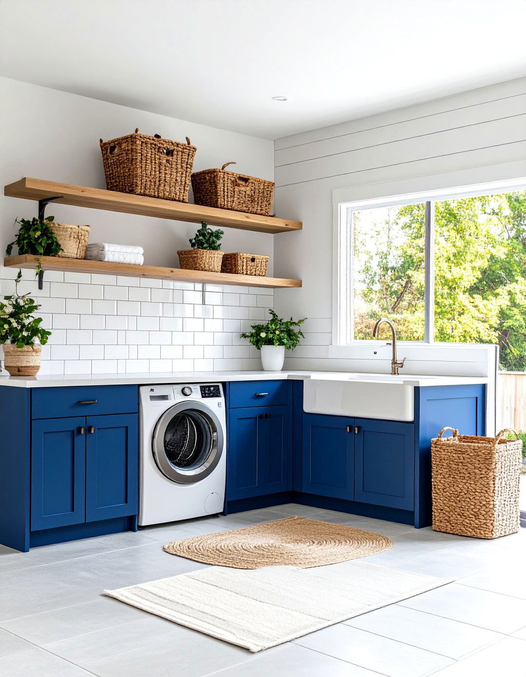 Modern Farmhouse Garage Laundry with Navy Cabinets - 24 Garage Laundry Room Ideas
