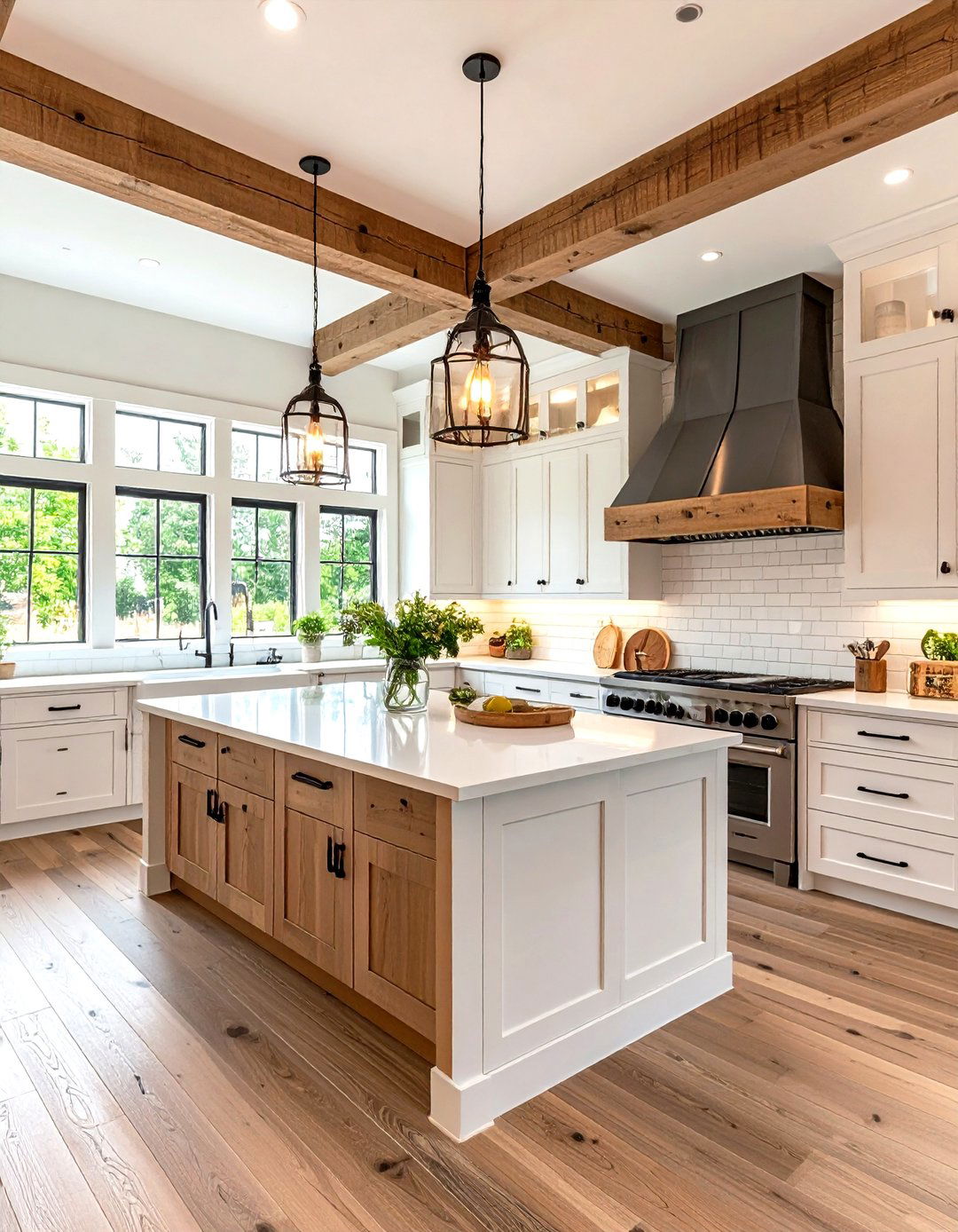 Modern Farmhouse Kitchen with Subway Tile and Wood Beams - 24 Small Kitchen Ideas on a Budget
