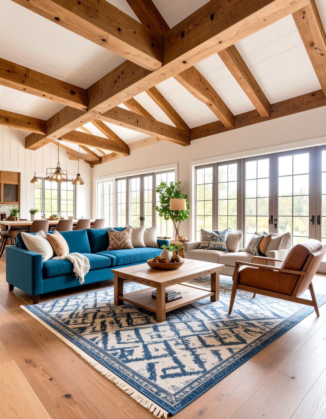 Modern Farmhouse Living Room with Mixed Material Beams - 24 Exposed Beam Living Room Ideas