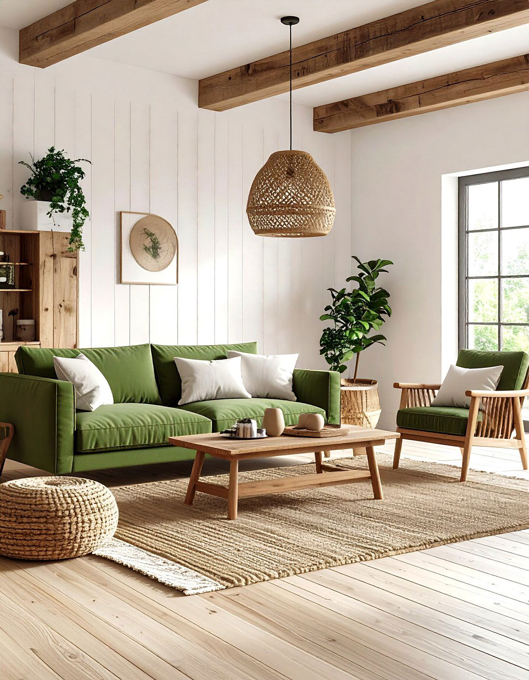 Modern Farmhouse Living Room with Olive Green Sofa - 24 Olive Green Room Ideas