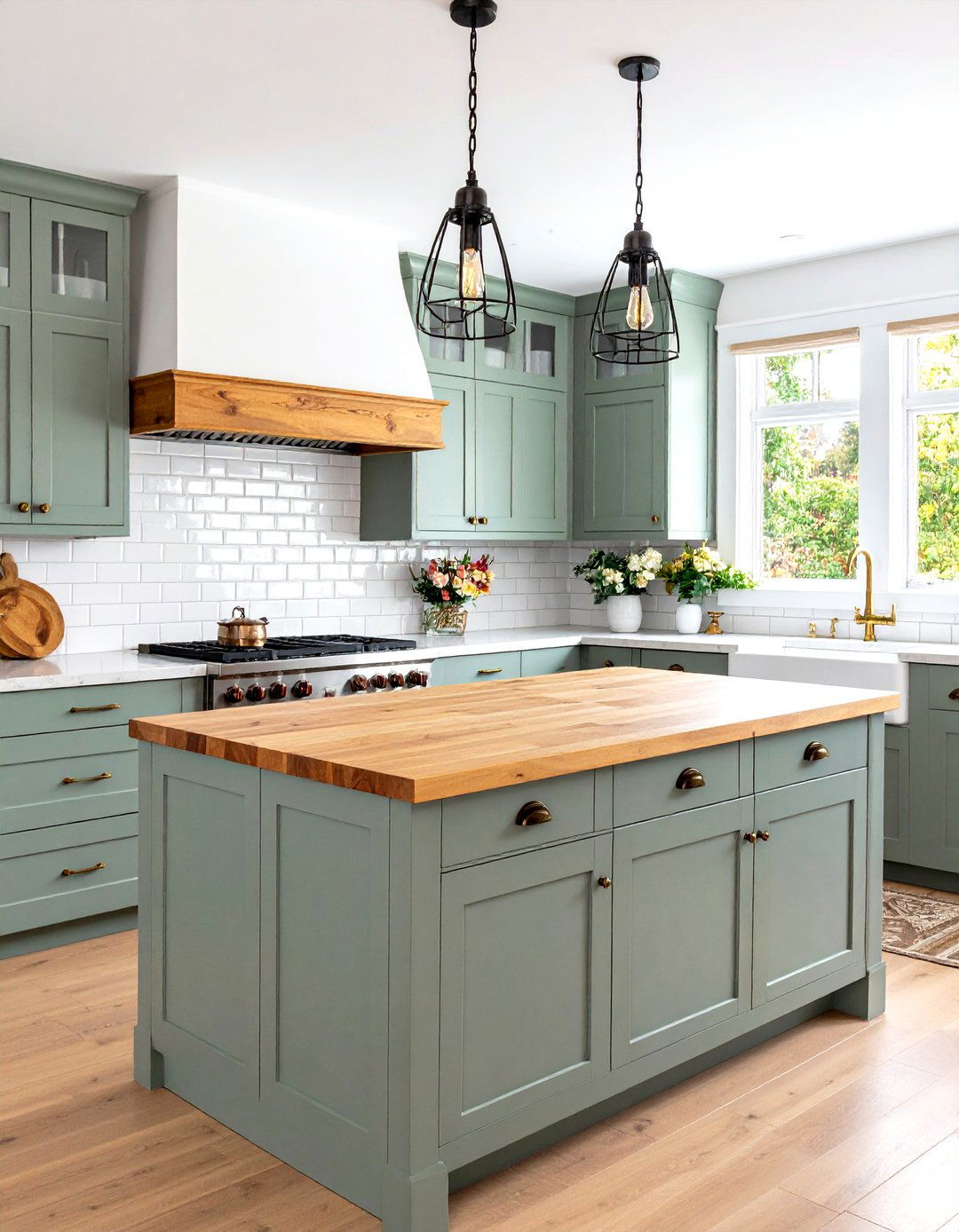 Modern Farmhouse Sage Green Kitchen with Shaker Cabinets - 24 Sage Green Kitchen Cabinets With Butcher Block Countertops