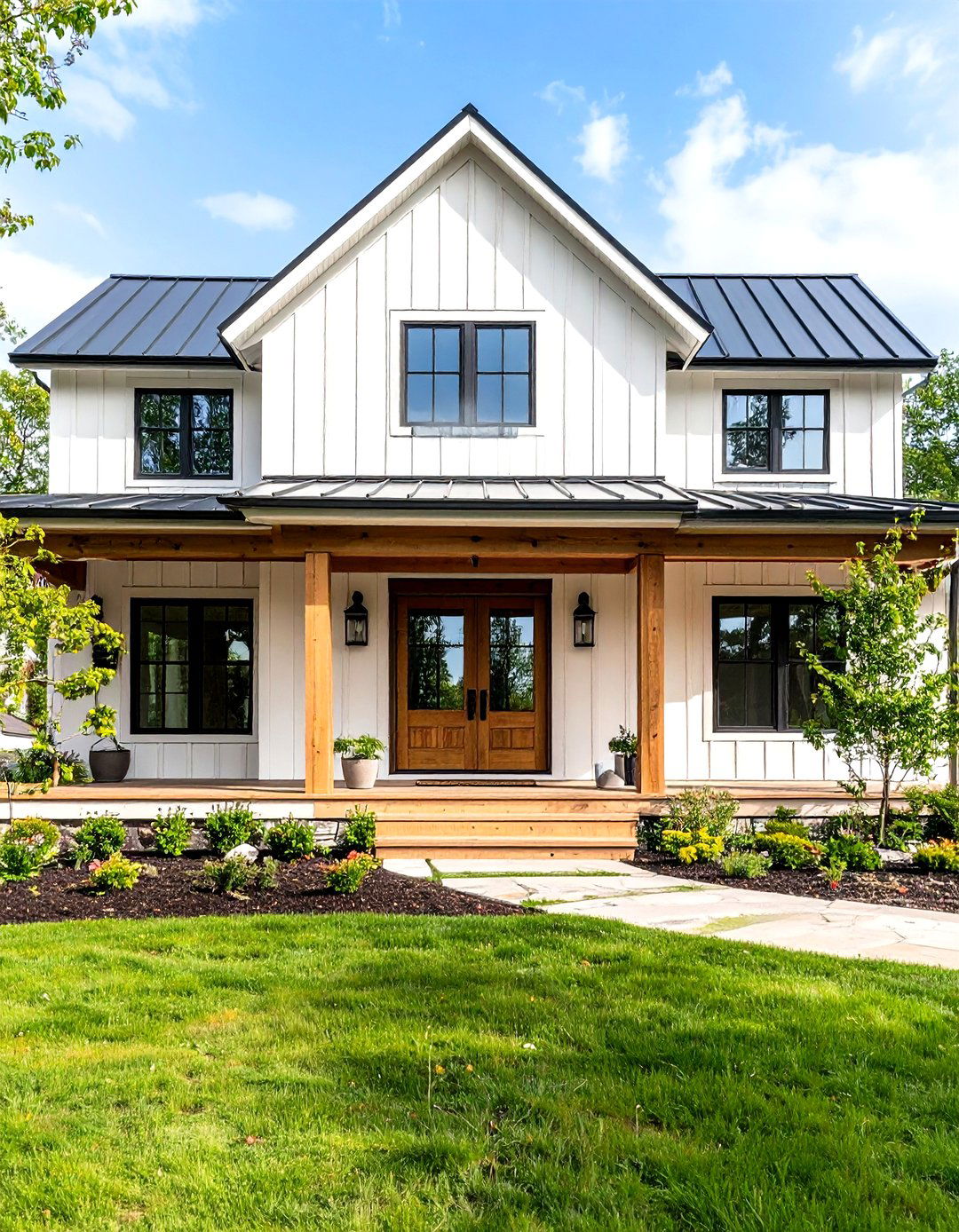Modern Farmhouse with Board and Batten Siding - 24 White Exterior Home with a Black Roof Ideas