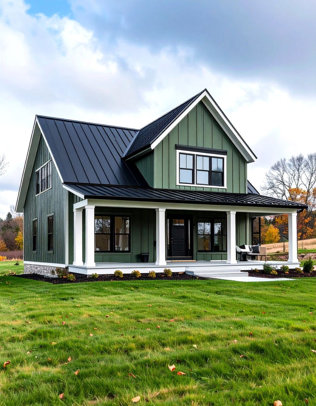 Modern Farmhouse with Sage Green Board and Batten - 24 Sage Green House With Black Door