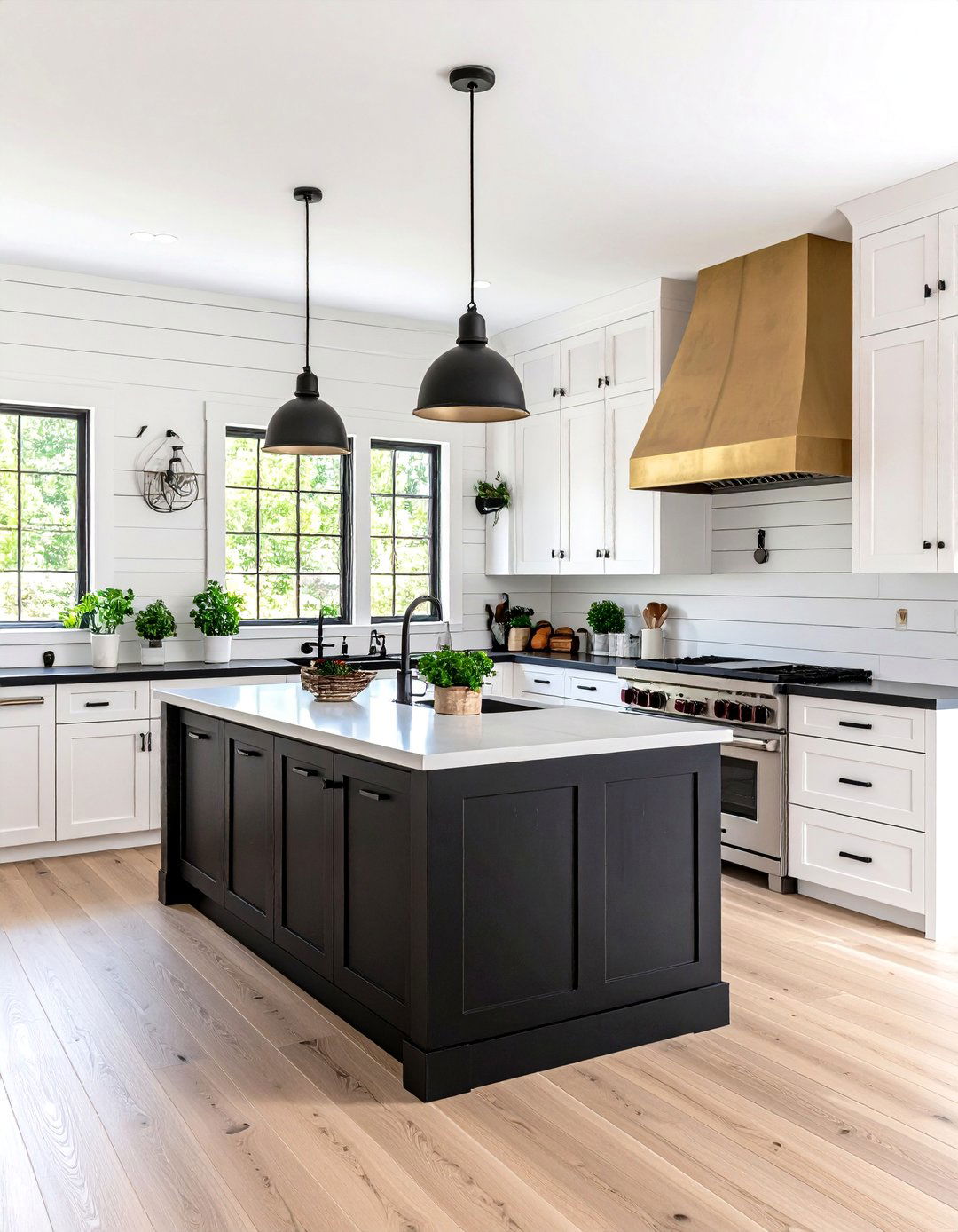 Modern Farmhouse with Shiplap and Brass Elements - 24 black white and gold kitchen ideas