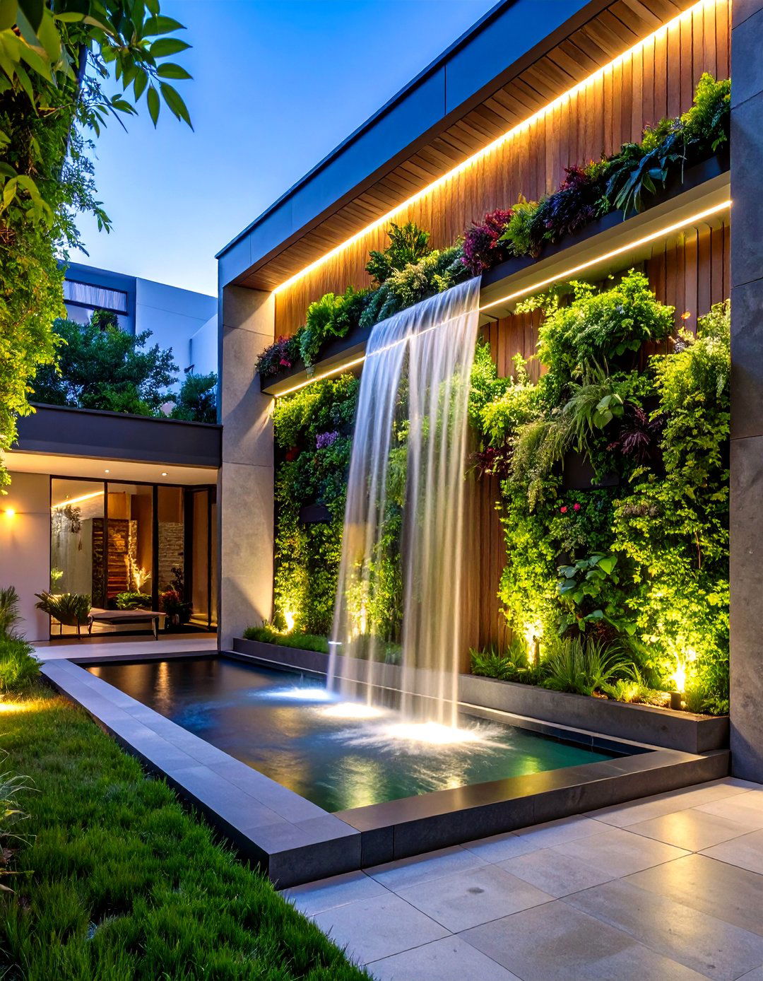 Modern Fountain Wall with Vertical Garden - 24 Garden Focal Point Ideas