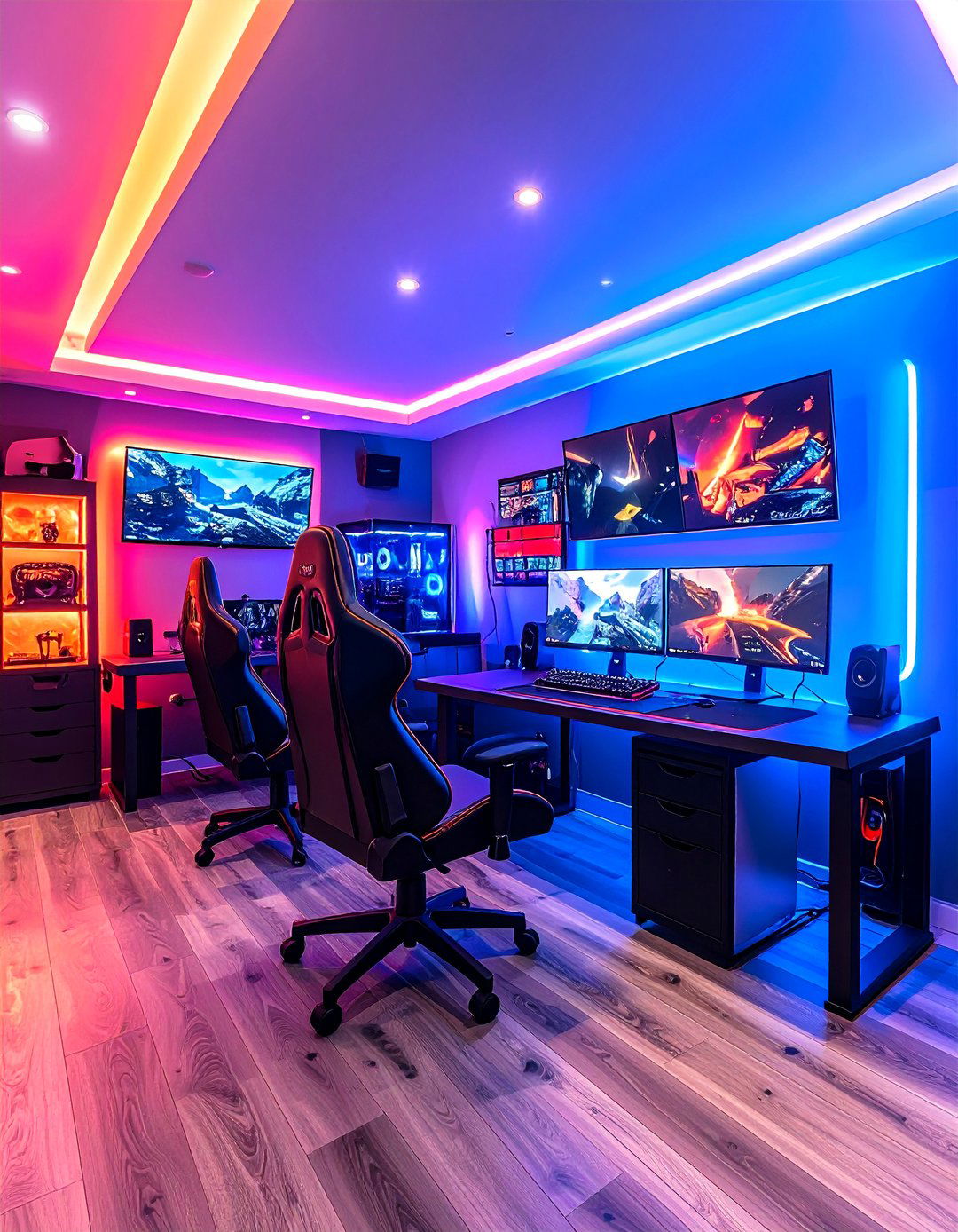 Modern Gaming Basement with LED Lighting - 24 Basement Ideas