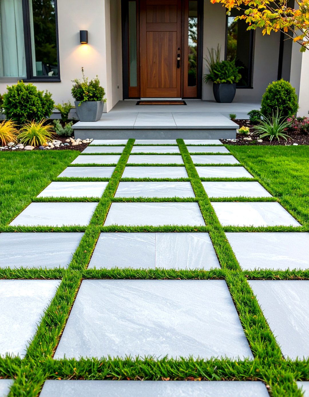 Modern Geometric Grey Stone Squares - 24 Grey Paver Walkway Ideas