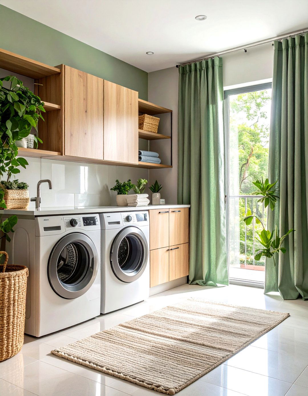 Modern Geometric Pattern Curtains in Sage Green - 24 Laundry Room Curtain Ideas