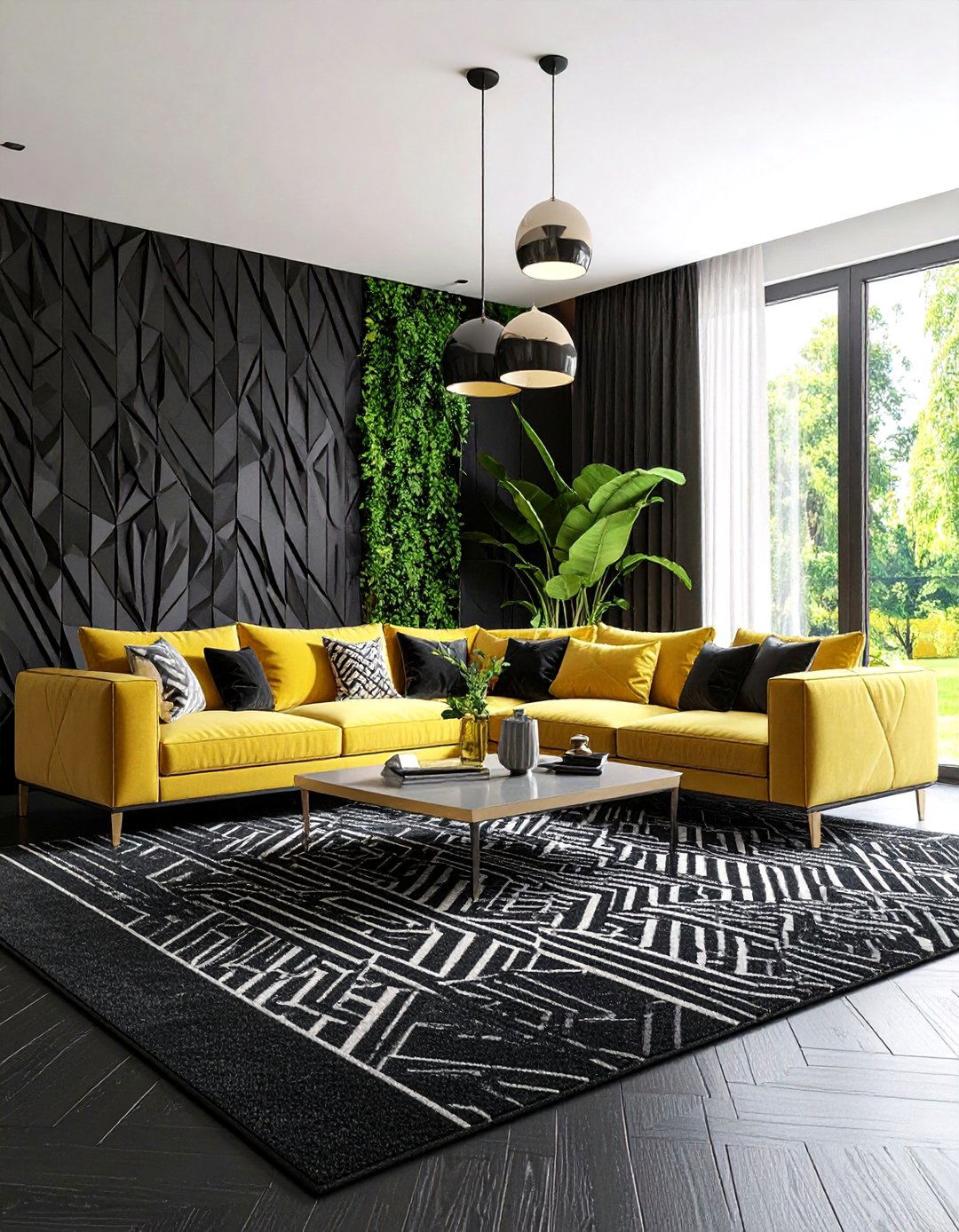 Modern Geometric Pattern Showcase - 24 Black Carpet Living Room Ideas