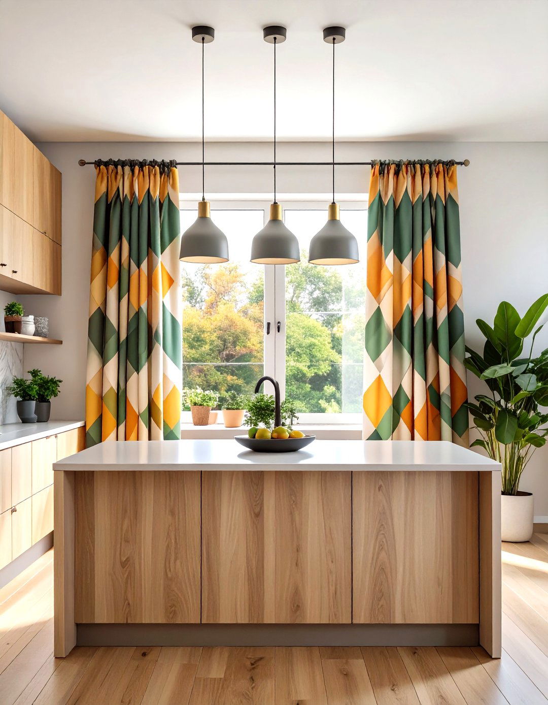 Modern Geometric Patterns in Bold Colors - 24 Kitchen Curtain Ideas