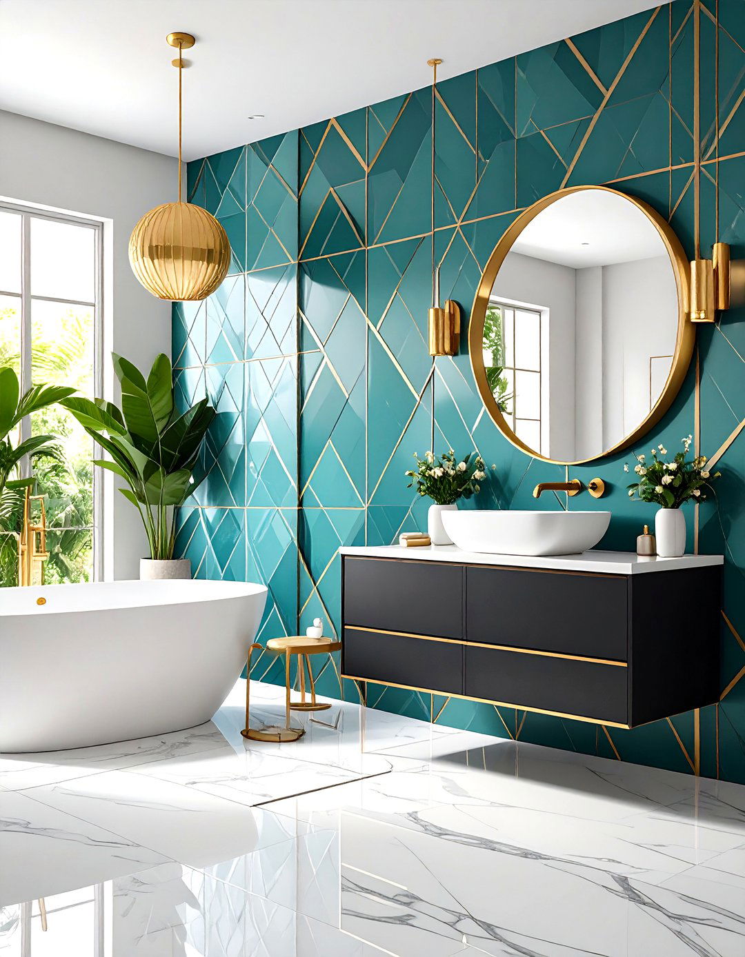 Modern Geometric Wallpaper Design - 24 black and gold powder room ideas